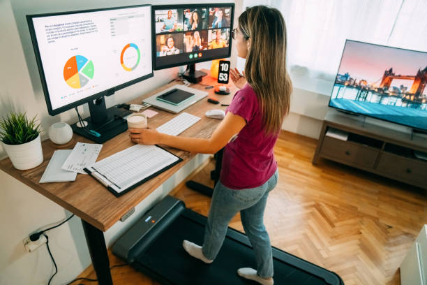 Ergonomic office desk setup with monitor at eye level and supportive chair